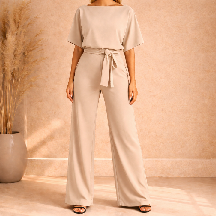 Dames Jumpsuit Met Wijde Pijpen En Strikceintuur in Beige