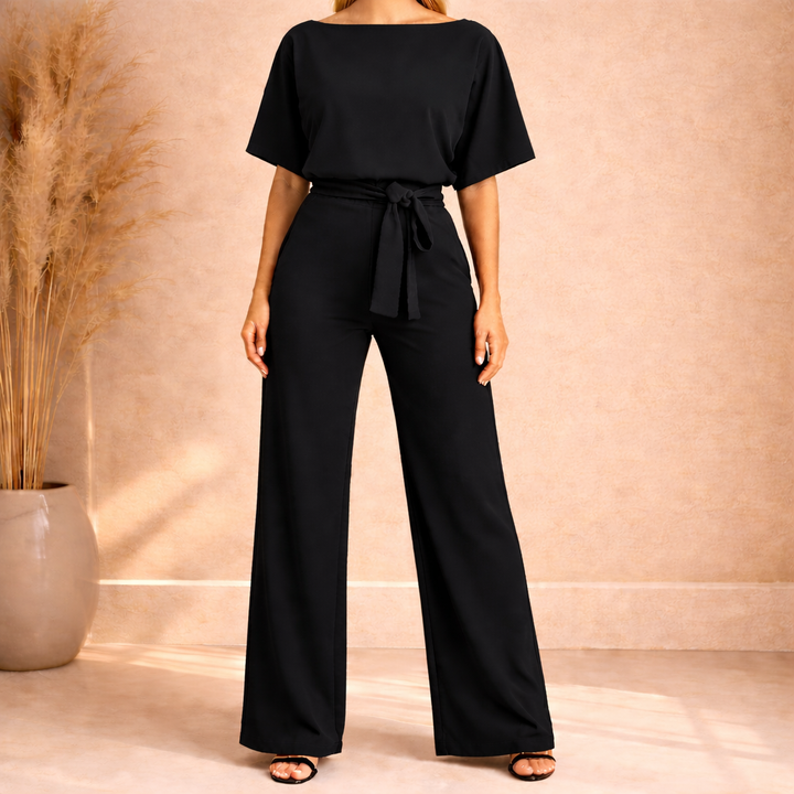Dames Jumpsuit Met Wijde Pijpen En Strikceintuur in Zwart