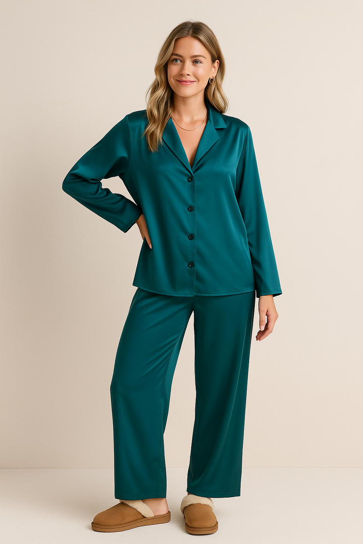 Dames Tweedelige Pyjamaset Met Satijnen Look En Reverskraag detailfoto 17