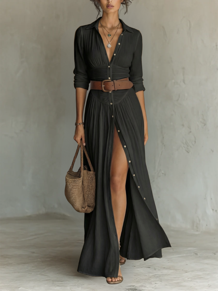 Dames Getailleerde Maxi Blousejurk Met Ceintuur En Lange Mouwen in Zwart