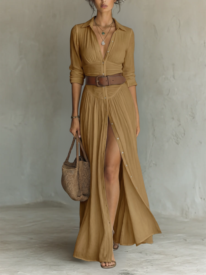 Dames Getailleerde Maxi Blousejurk Met Ceintuur En Lange Mouwen in Camel