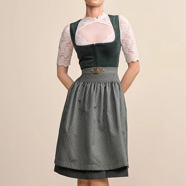 Dames Getailleerde Dirndl Jurk Met Geplooide Rok En Schort in Donkergroen