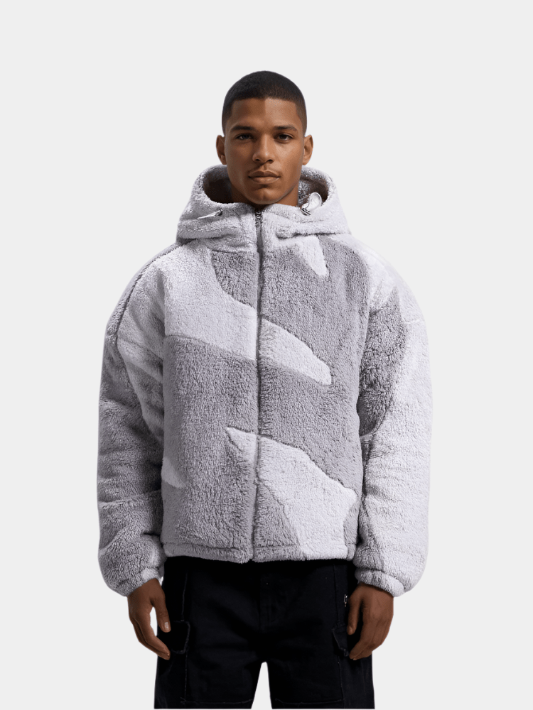Heren Teddy Fleece Jas Met Capuchon En Grafisch Patroon in Grijs