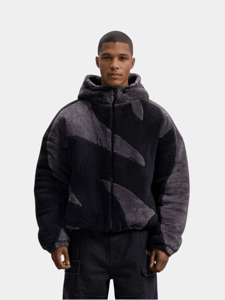 Heren Teddy Fleece Jas Met Capuchon En Grafisch Patroon in Zwart