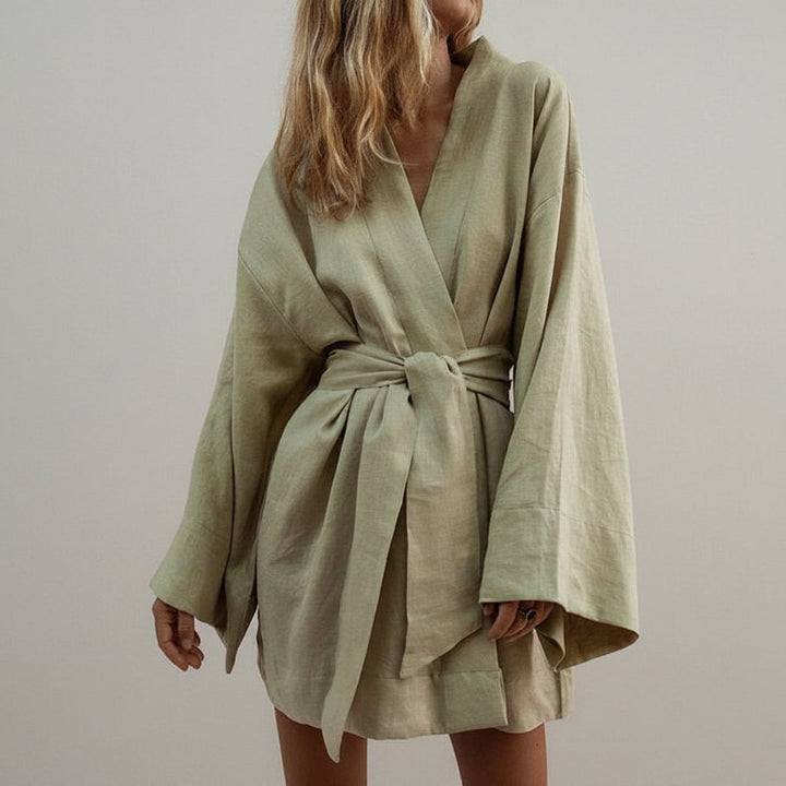 Dames Linnen Look Wikkeljurk Met Tailleband En Wijde Mouwen in Groen