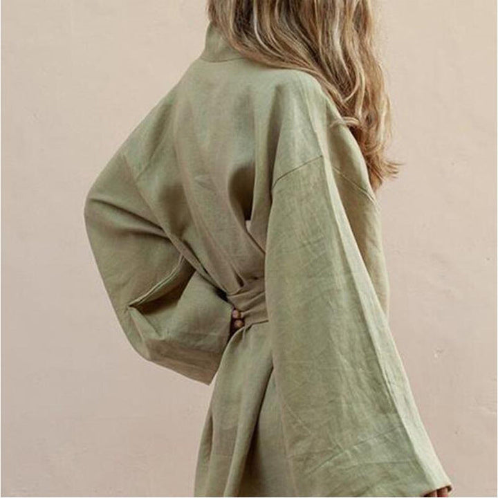 Dames Linnen Look Wikkeljurk Met Tailleband En Wijde Mouwen detailfoto 2