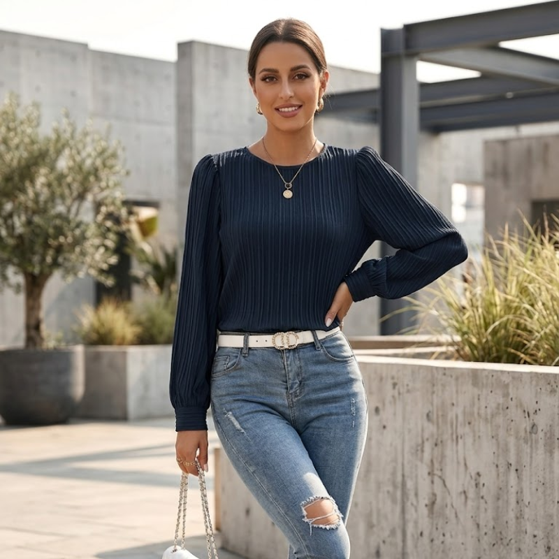 Geplooide top voor dames met pofmouwen Modehuis-Nederland