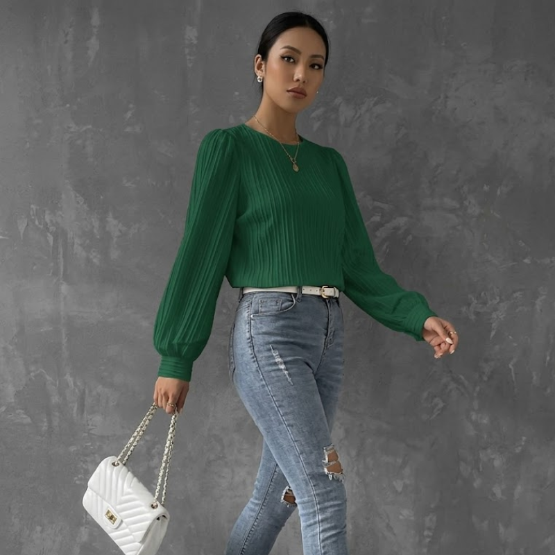 Geplooide top voor dames met pofmouwen Modehuis-Nederland
