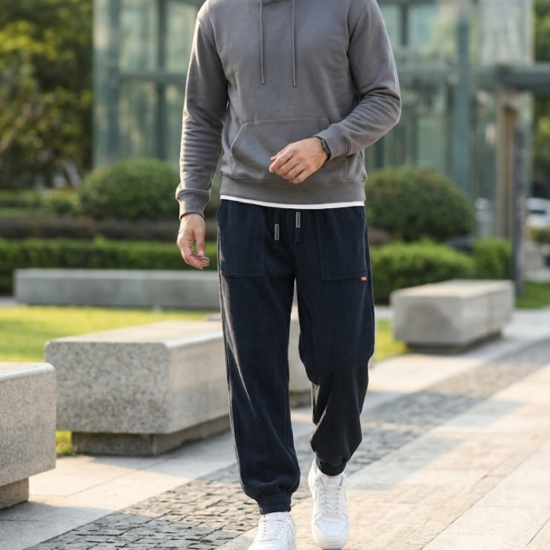 Geribbelde joggingbroek voor heren met klepzakken en trekkoord Modehuis-Nederland