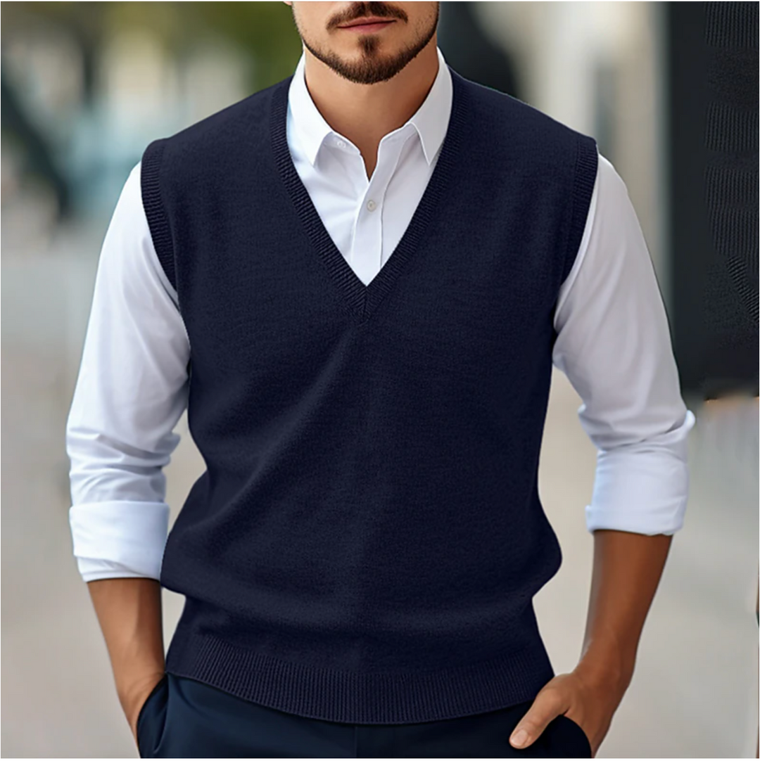 Heren Gilet Met V Hals En Geribde Afwerking in Donkerblauw