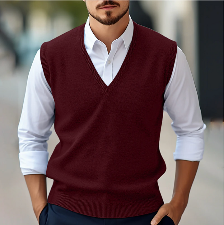 Heren Gilet Met V Hals En Geribde Afwerking in Rood