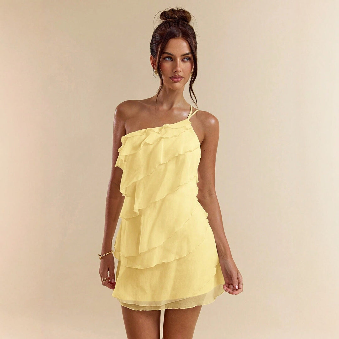 Dames Elegante Mini Jurk Met Gelaagde Ruches En Open Schouder detailfoto 2
