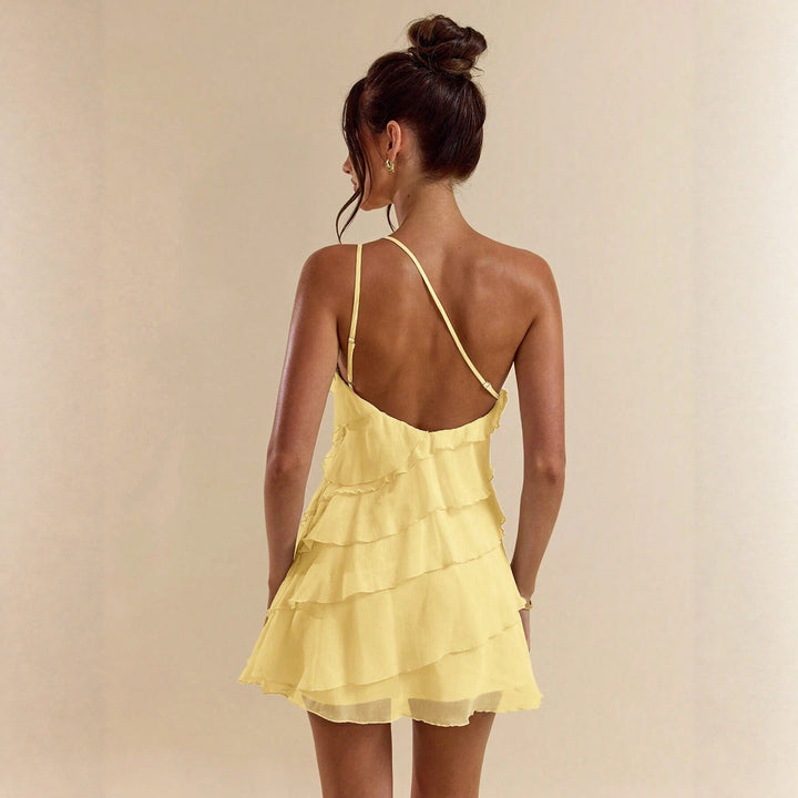 Dames Elegante Mini Jurk Met Gelaagde Ruches En Open Schouder detailfoto 5