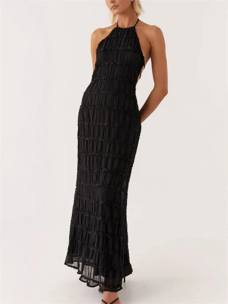 Dames Elegante Halter Maxi Jurk Met Open Rug En Plooitextuur detailfoto 9