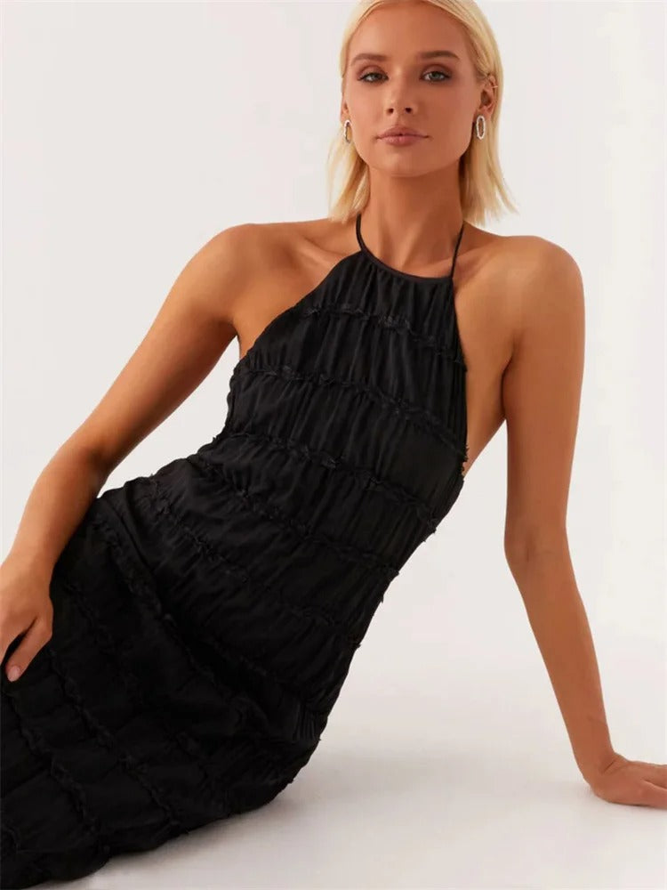 Dames Elegante Halter Maxi Jurk Met Open Rug En Plooitextuur detailfoto 10