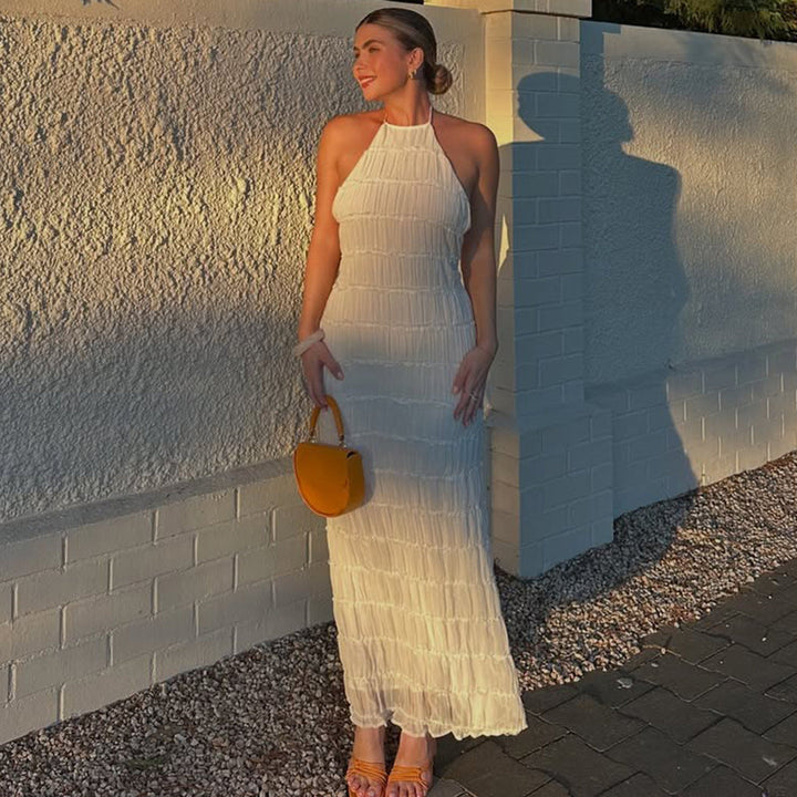 Dames Elegante Halter Maxi Jurk Met Open Rug En Plooitextuur detailfoto 2