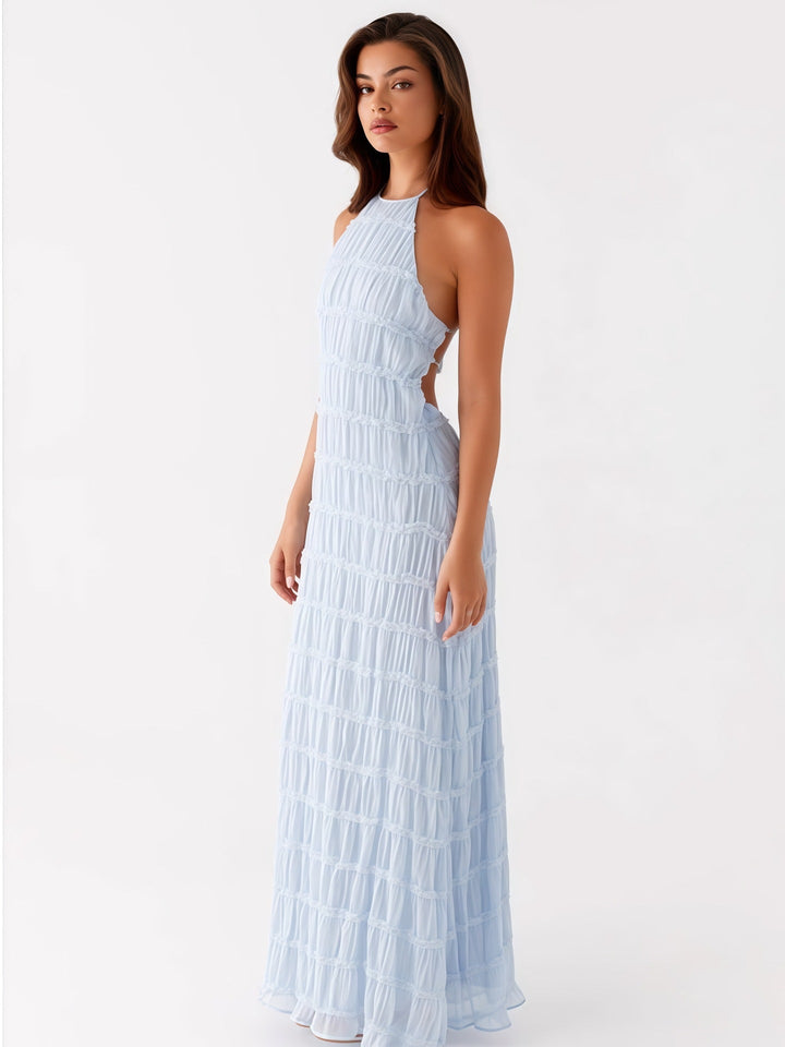 Dames Elegante Halter Maxi Jurk Met Open Rug En Plooitextuur in Blauw