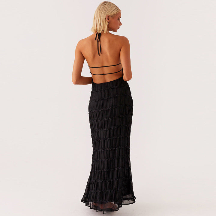 Dames Elegante Halter Maxi Jurk Met Open Rug En Plooitextuur detailfoto 7