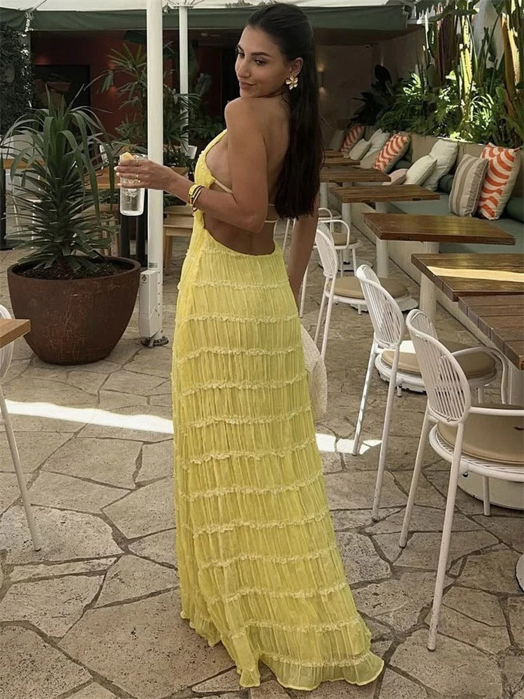 Dames Elegante Halter Maxi Jurk Met Open Rug En Plooitextuur detailfoto 4