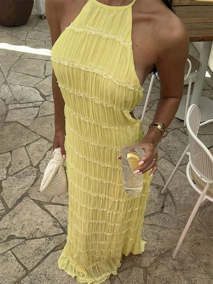Dames Elegante Halter Maxi Jurk Met Open Rug En Plooitextuur in Geel