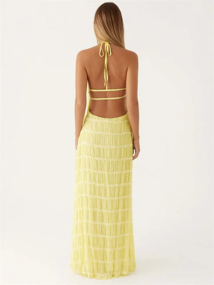 Dames Elegante Halter Maxi Jurk Met Open Rug En Plooitextuur detailfoto 6