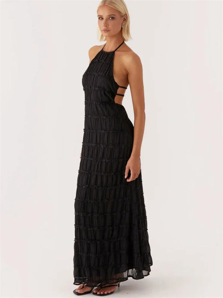 Dames Elegante Halter Maxi Jurk Met Open Rug En Plooitextuur in Zwart