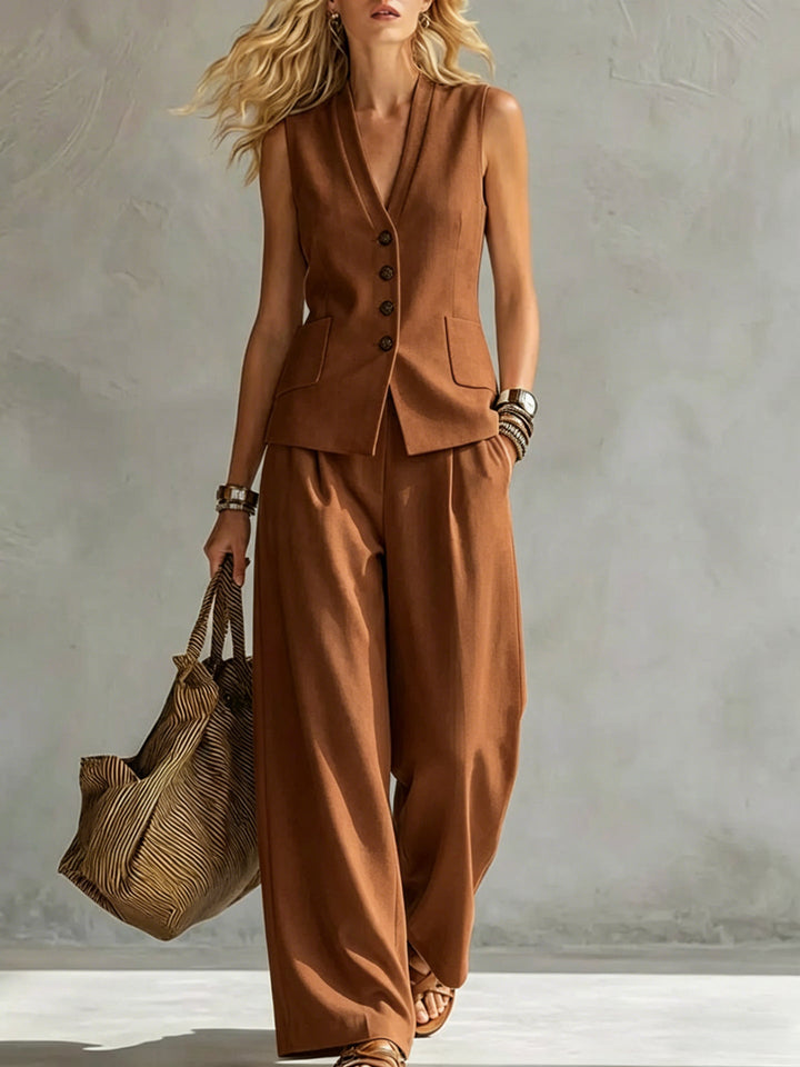 Dames Tweedelige Set Met Linnen Look Gilet En Wijde Broek in Bruin