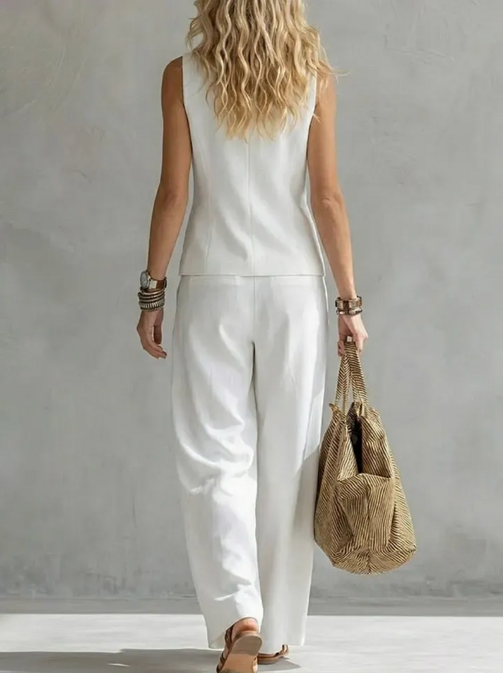 Dames Tweedelige Set Met Linnen Look Gilet En Wijde Broek detailfoto 3