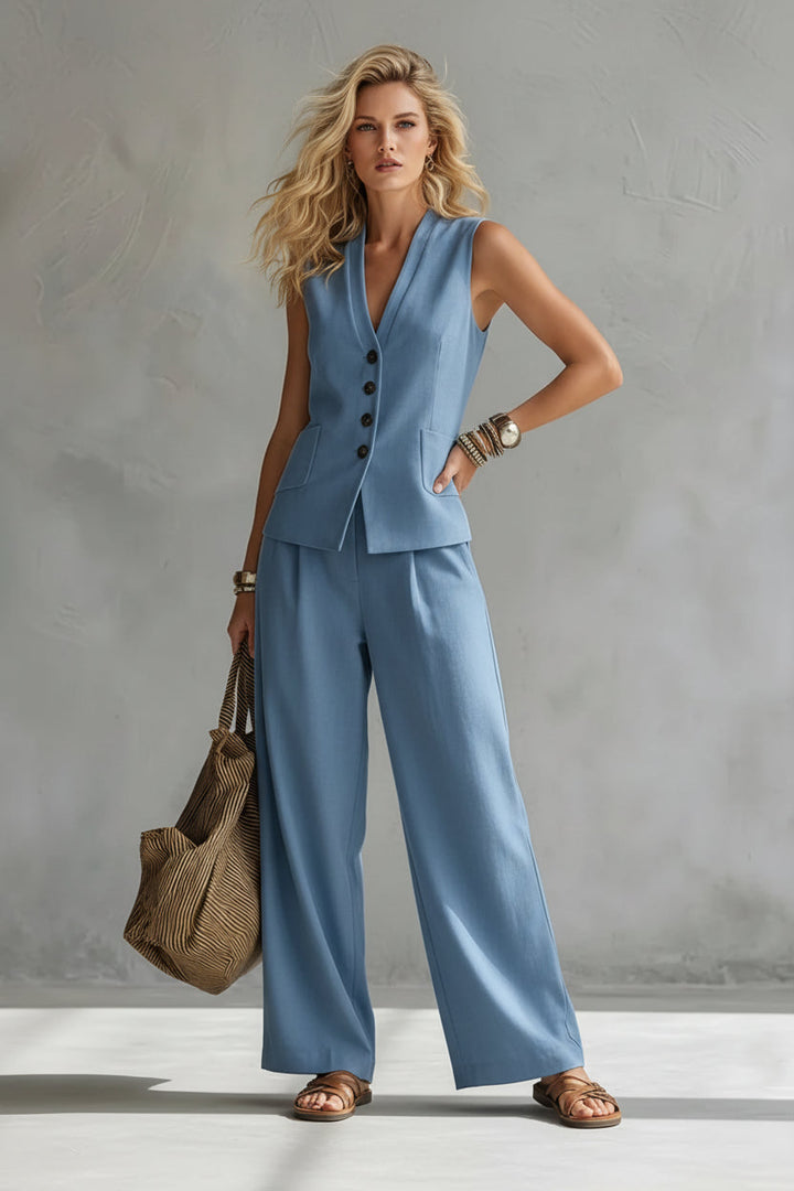 Dames Tweedelige Set Met Linnen Look Gilet En Wijde Broek in Blauw