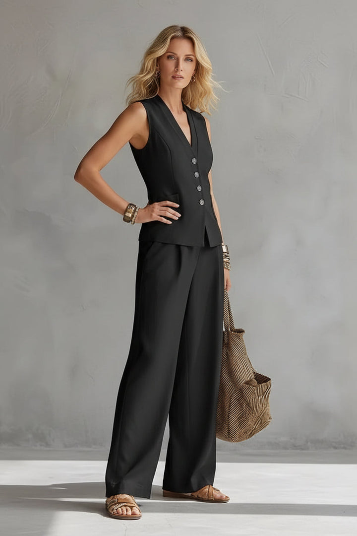 Dames Tweedelige Set Met Linnen Look Gilet En Wijde Broek in Zwart