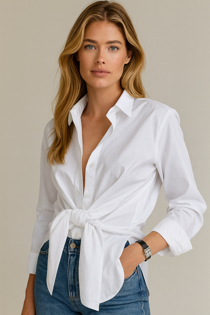 Dames Elegante Blouse Met Strikceintuur En Klassieke Kraag detailfoto 2