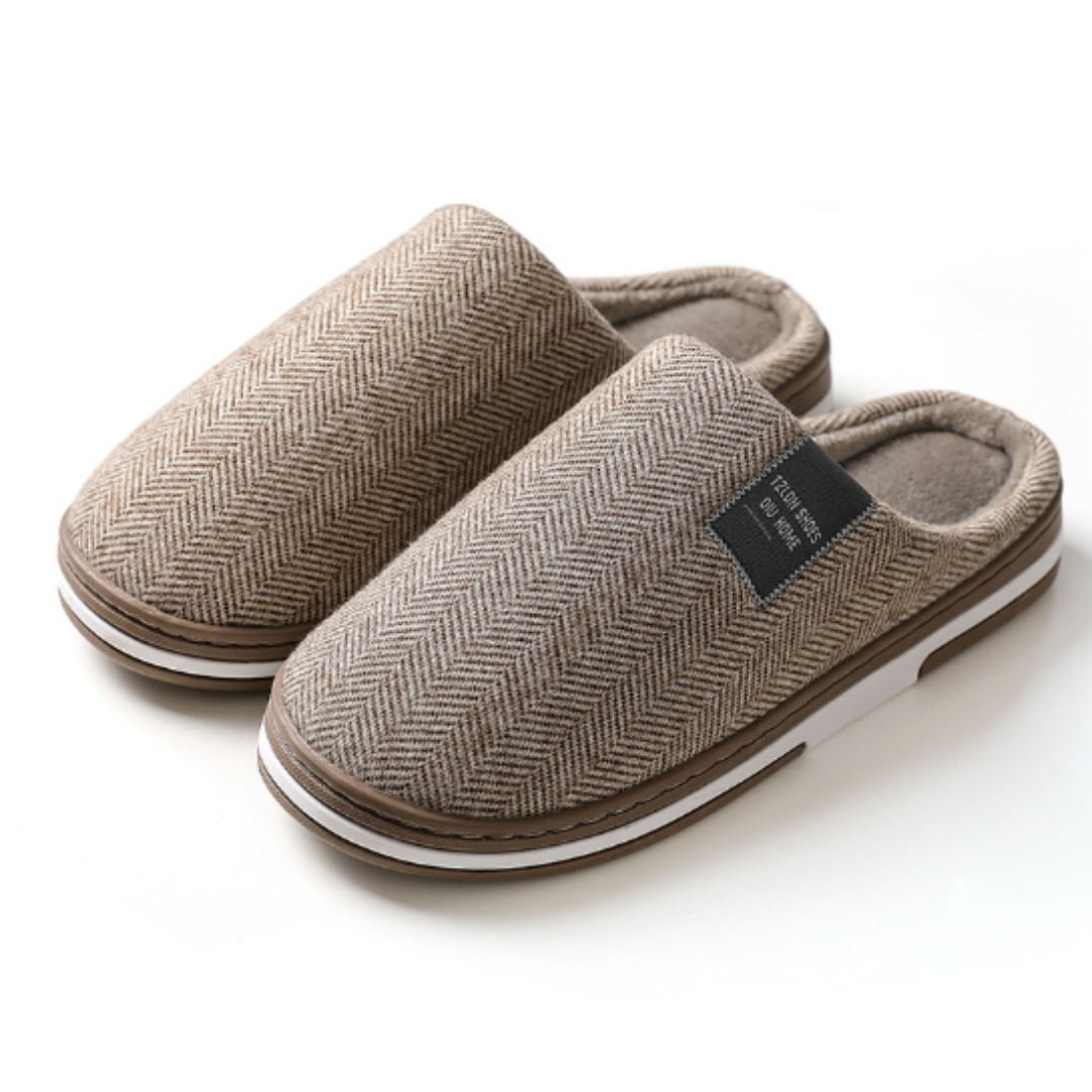 Unisex Pluche Pantoffels Met Visgraatmotief En Zachte Voering in Taupe