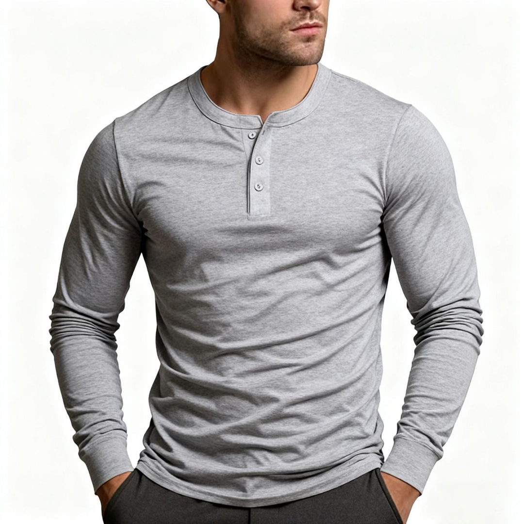 Heren Slim Fit Henley Shirt Met Knoopsluiting En Lange Mouwen in Lichtgrijs