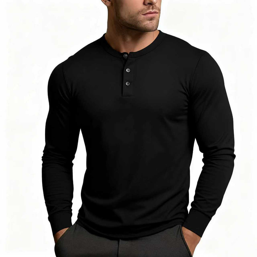 Heren Slim Fit Henley Shirt Met Knoopsluiting En Lange Mouwen in Zwart