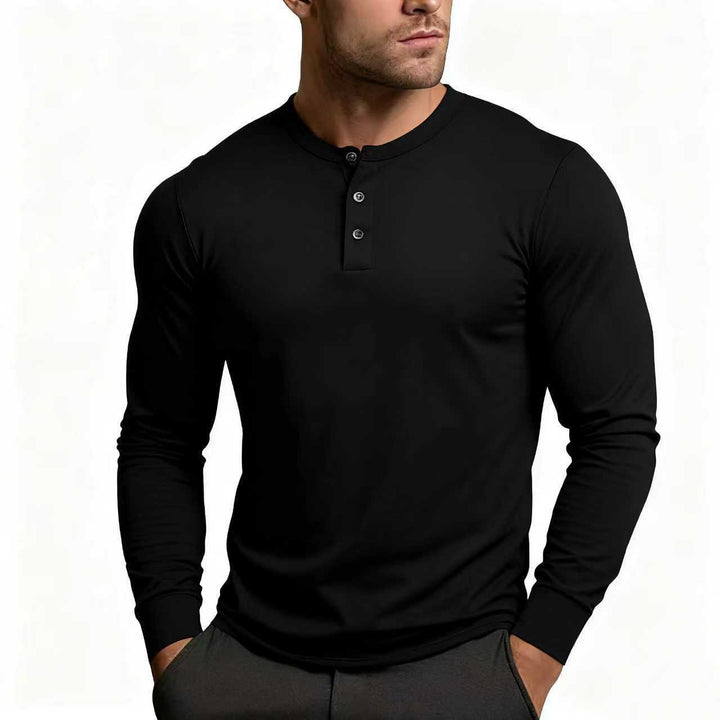 Heren Slim Fit Henley Shirt Met Knoopsluiting En Lange Mouwen in Zwart