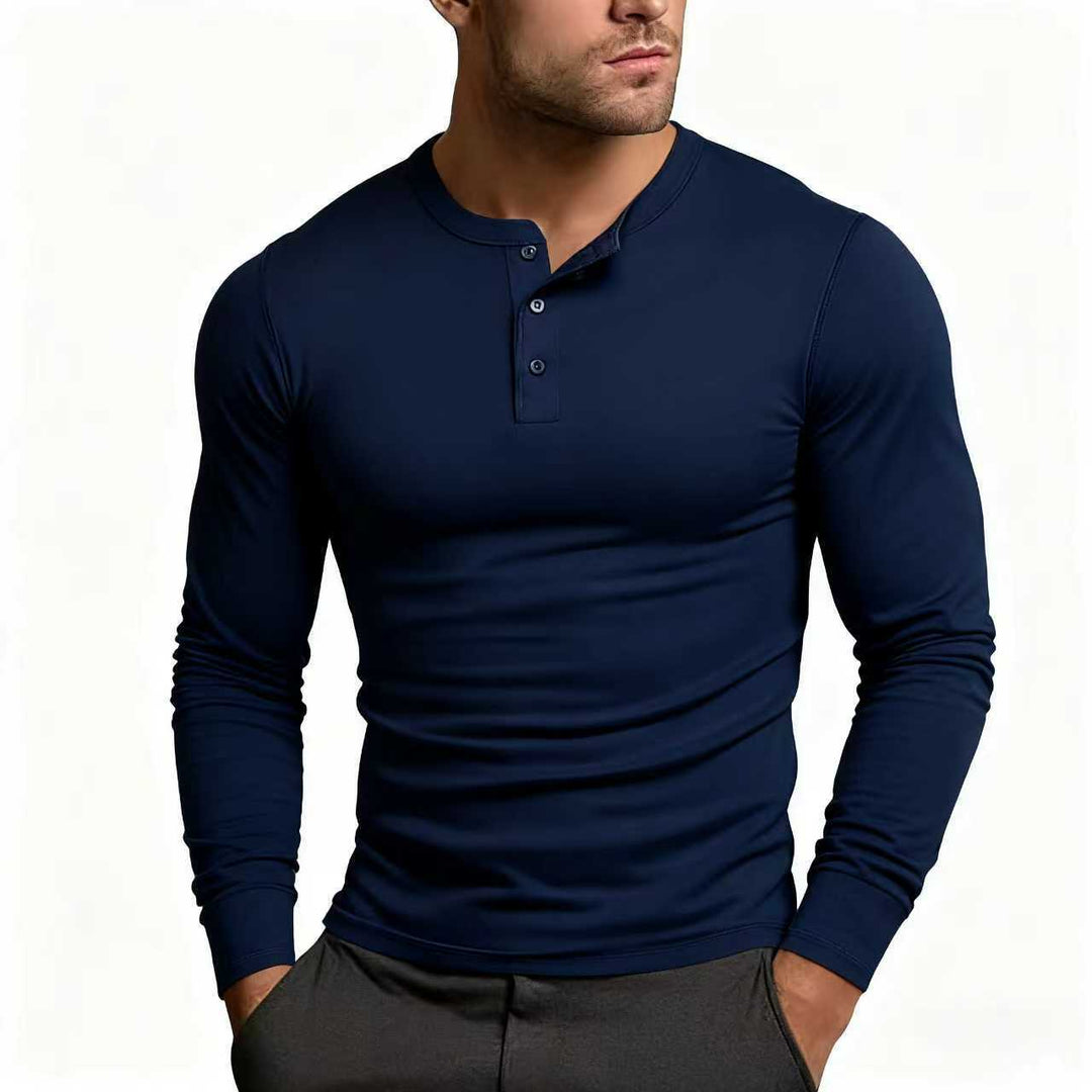 Heren Slim Fit Henley Shirt Met Knoopsluiting En Lange Mouwen in Donkerblauw