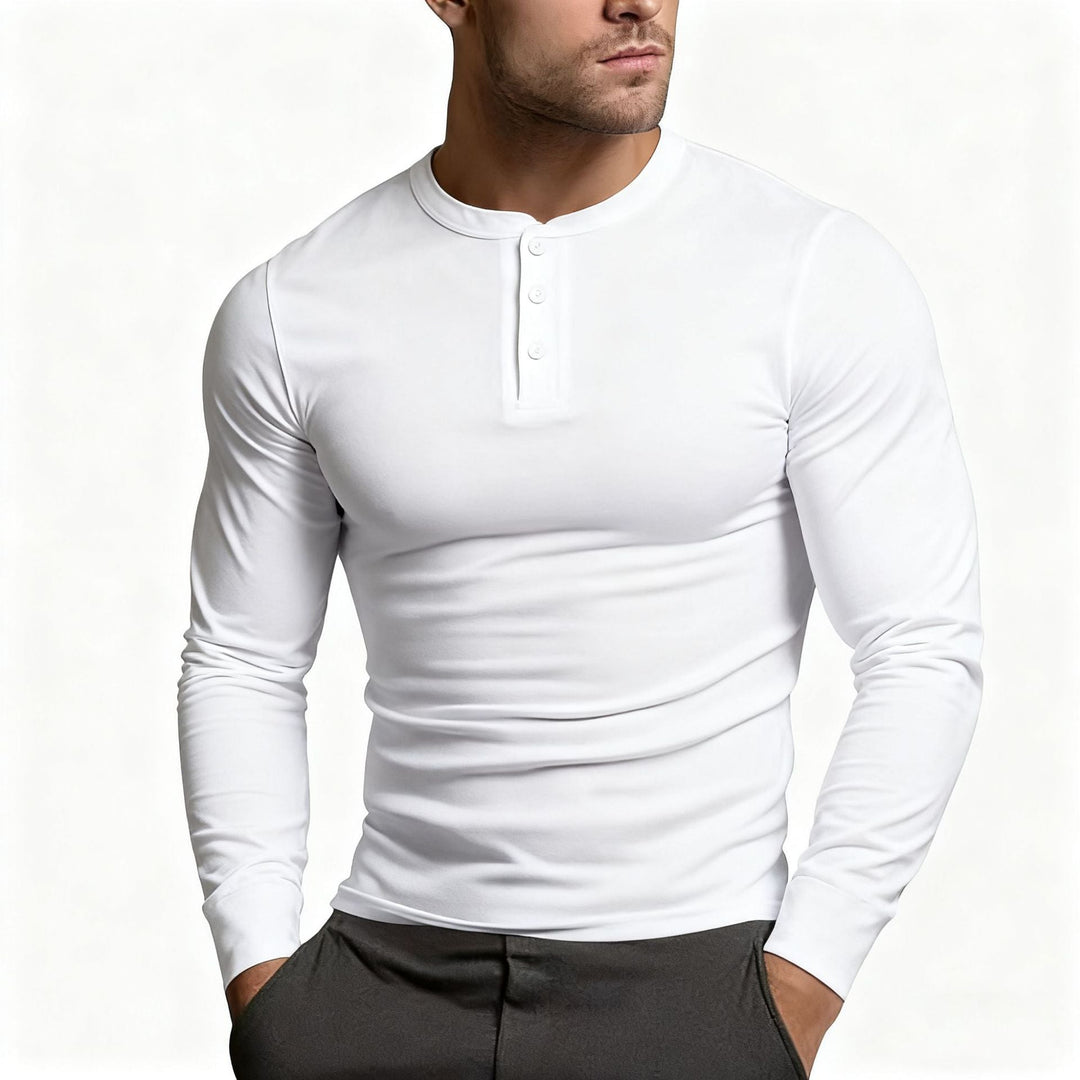Heren Slim Fit Henley Shirt Met Knoopsluiting En Lange Mouwen in Wit