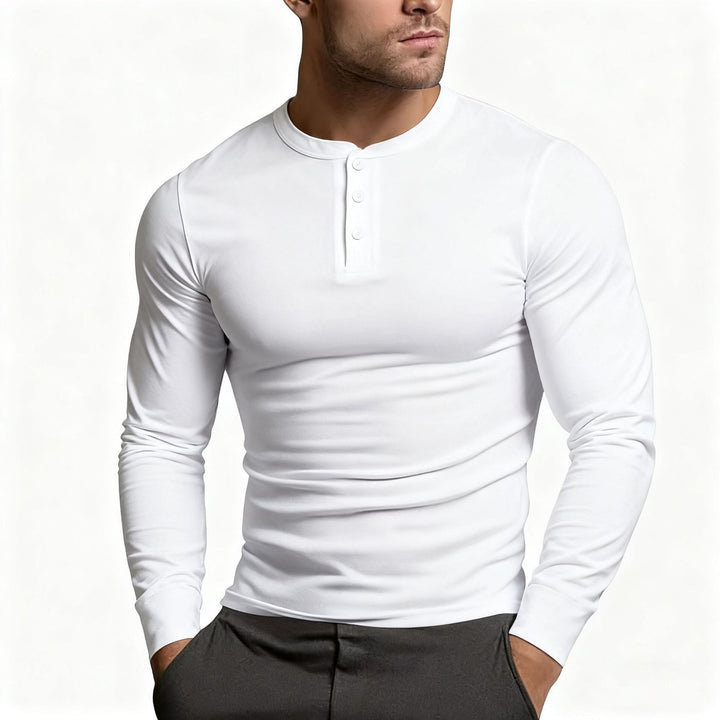 Heren Slim Fit Henley Shirt Met Knoopsluiting En Lange Mouwen in Wit