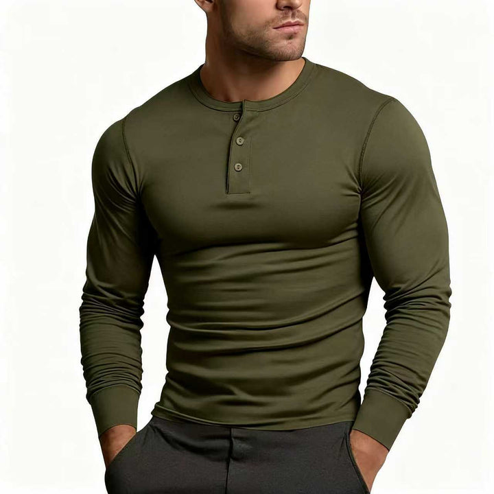 Heren Slim Fit Henley Shirt Met Knoopsluiting En Lange Mouwen in Olijfgroen