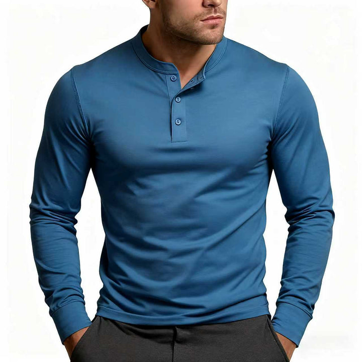 Heren Slim Fit Henley Shirt Met Knoopsluiting En Lange Mouwen in Lichtblauw
