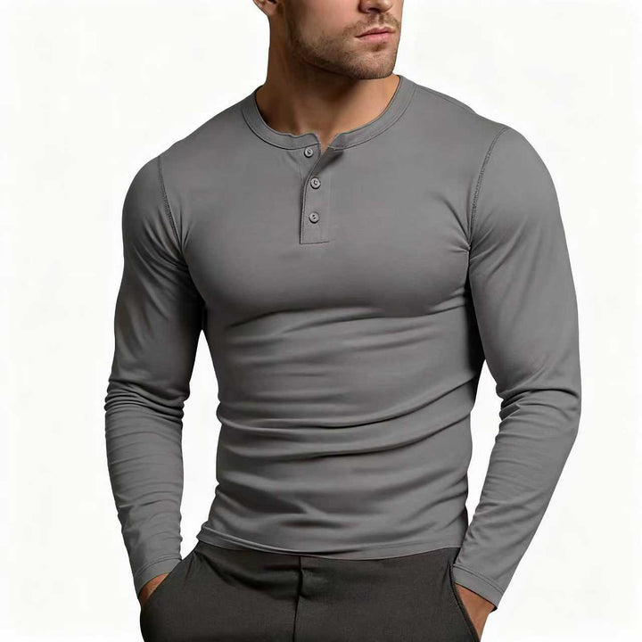 Heren Slim Fit Henley Shirt Met Knoopsluiting En Lange Mouwen in Donkergrijs