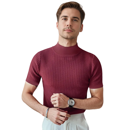Heren Gebreide Mock Neck T-Shirt Fitted Korte Mouw