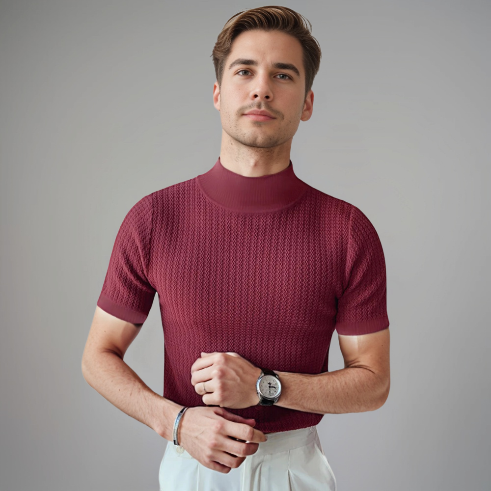 Heren Gebreide Mock Neck T-Shirt Fitted Korte Mouw