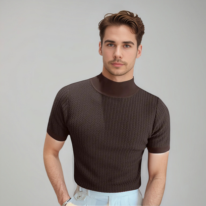 Heren Gebreide Mock Neck T-Shirt Fitted Korte Mouw