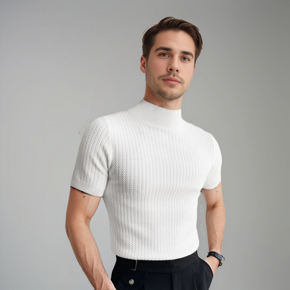 Heren Gebreide Mock Neck T-Shirt Fitted Korte Mouw