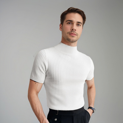 Heren Gebreide Mock Neck T-Shirt Fitted Korte Mouw
