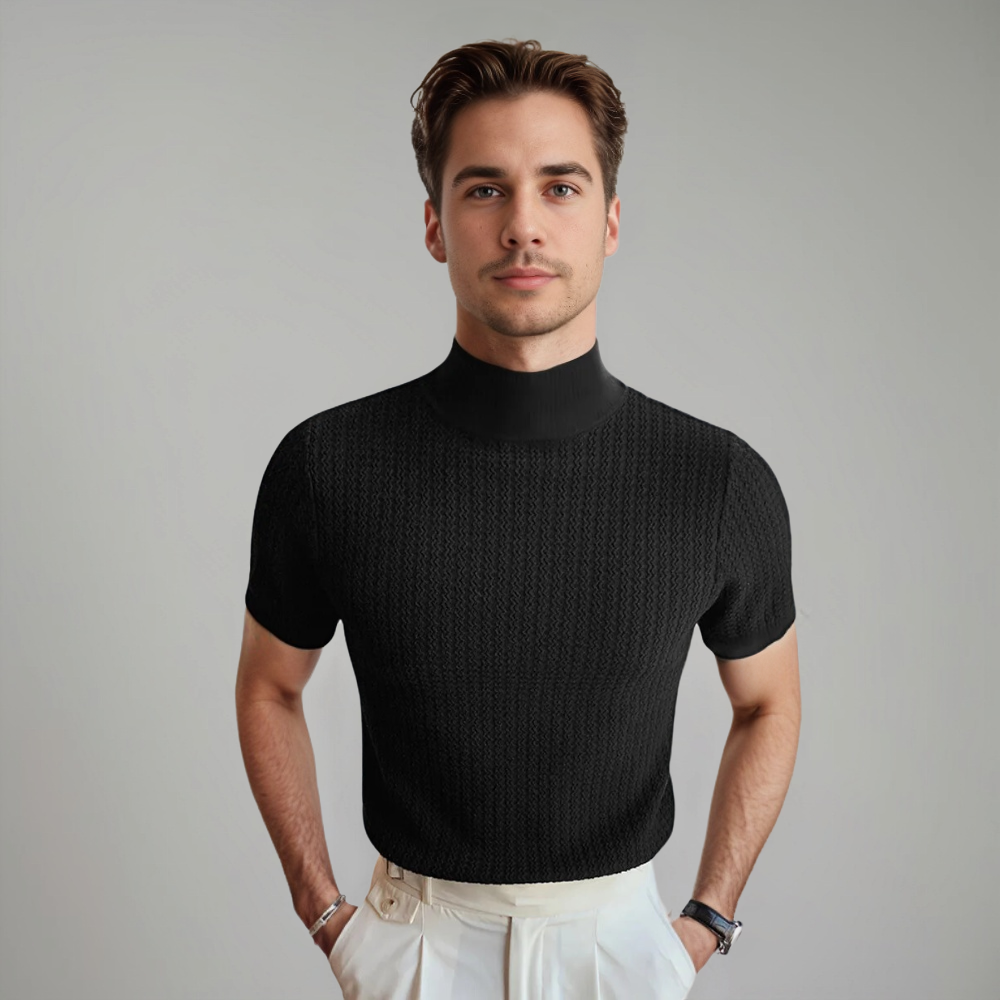 Heren Gebreide Mock Neck T-Shirt Fitted Korte Mouw