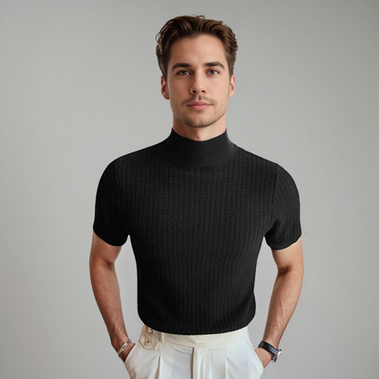 Heren Gebreide Mock Neck T-Shirt Fitted Korte Mouw