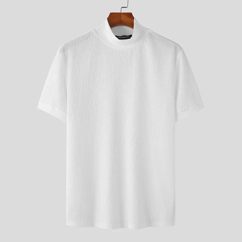 Heren Gebreide Mock Neck T-Shirt Fitted Korte Mouw