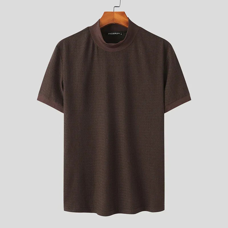 Heren Gebreide Mock Neck T-Shirt Fitted Korte Mouw